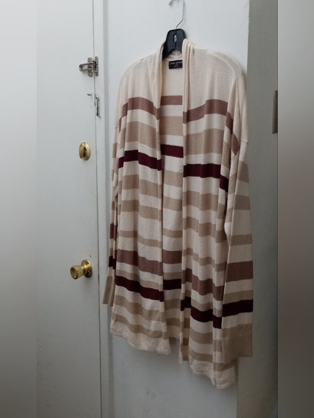 Lane Bryant Cream and Maroon Striped Open Cardigan